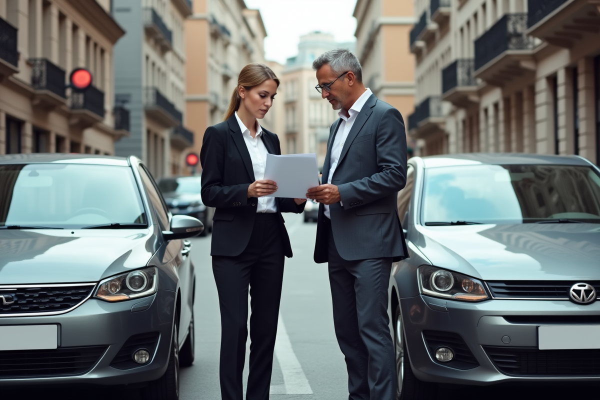 Deux adultes examinent des papiers près de voitures endommagées en ville
