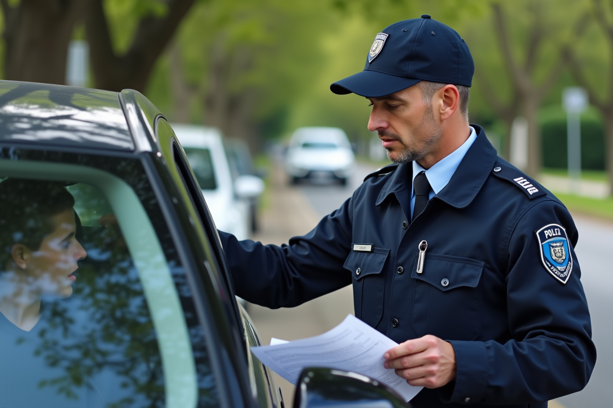 Agent de police vérifiant documents d'assurance voiture