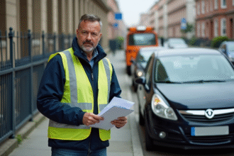 Agent municipal en veste haute visibilité documentant une voiture stationnee