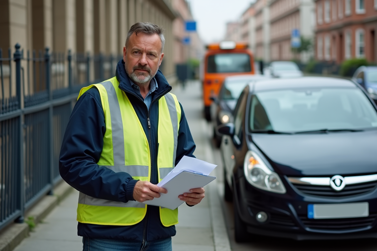 Agent municipal en veste haute visibilité documentant une voiture stationnee