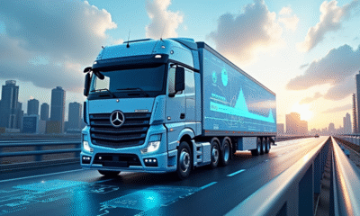Camion lourd futuriste sur une route intelligente avec écrans