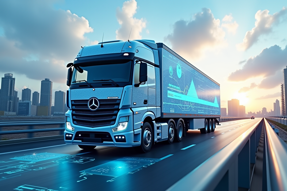 Camion lourd futuriste sur une route intelligente avec écrans