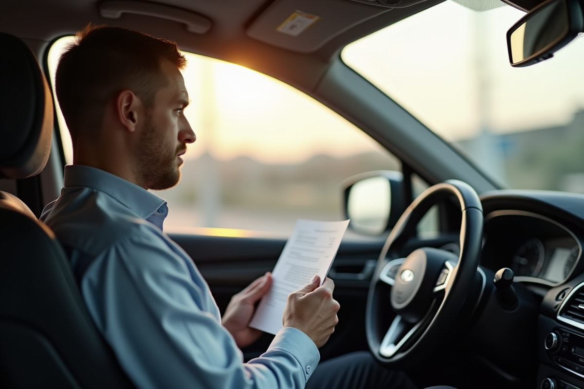 Conducteur inquiet recevant une lettre sur linspection du véhicule