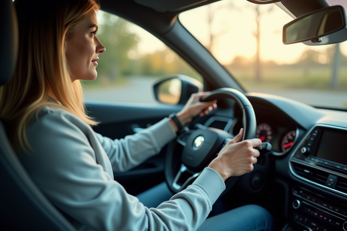 Conducteur confiant dans l intérieur lumineux d une voiture