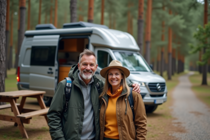 Couple souriant près d'un van en forêt lors d'une escapade