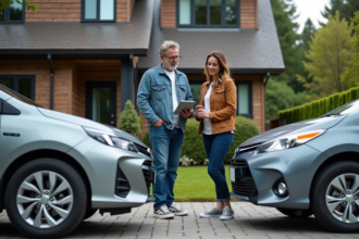 Couple comparant deux voitures hybrides devant une maison moderne