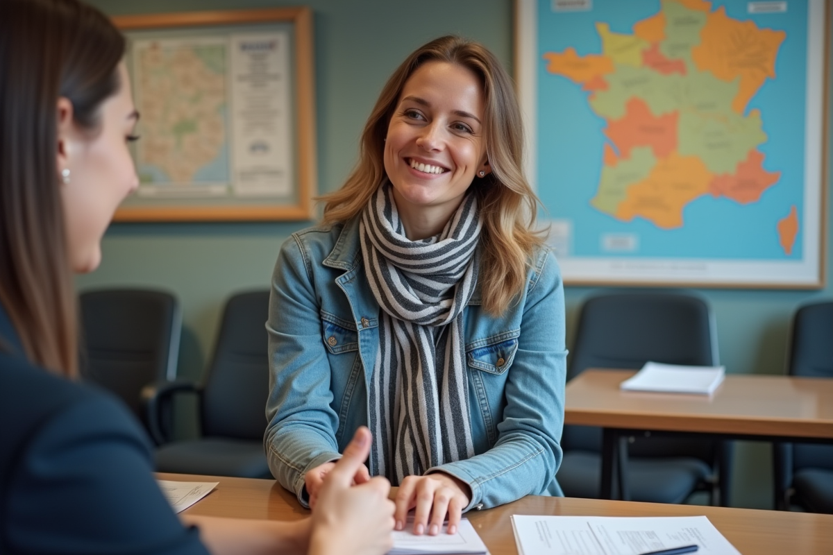 Femme présentant un vieux permis de conduire à une officier en préfecture