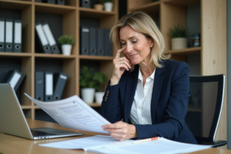 Femme d'âge moyen en blazer navy examine un certificat d'assurance