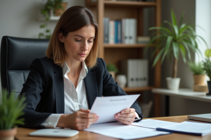 Femme d'affaires organisant des papiers dans un bureau à domicile