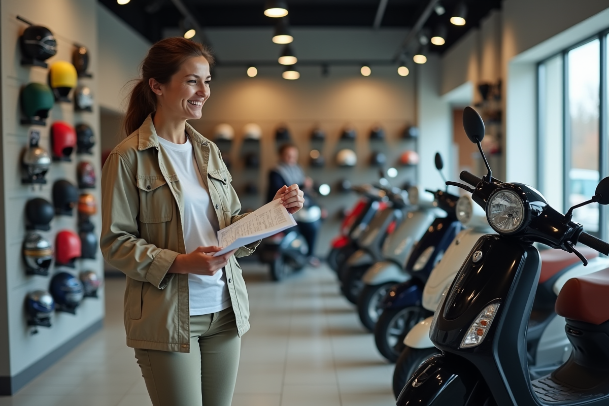 Femme discute avec un vendeur de scooters en showroom