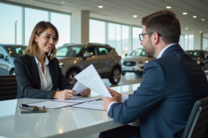 Femme en costume discutant avec un vendeur dans un showroom moderne
