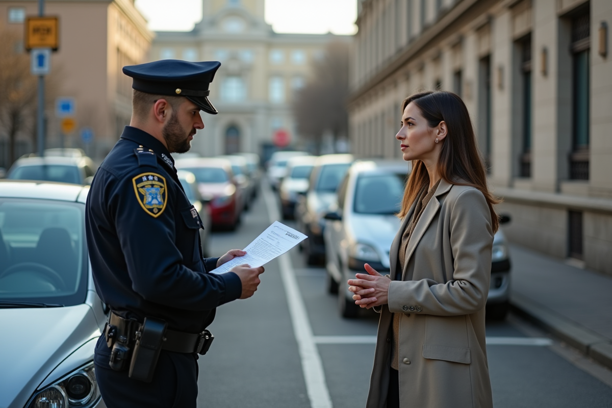 Femme parlant avec un policier a cote de sa voiture en ville