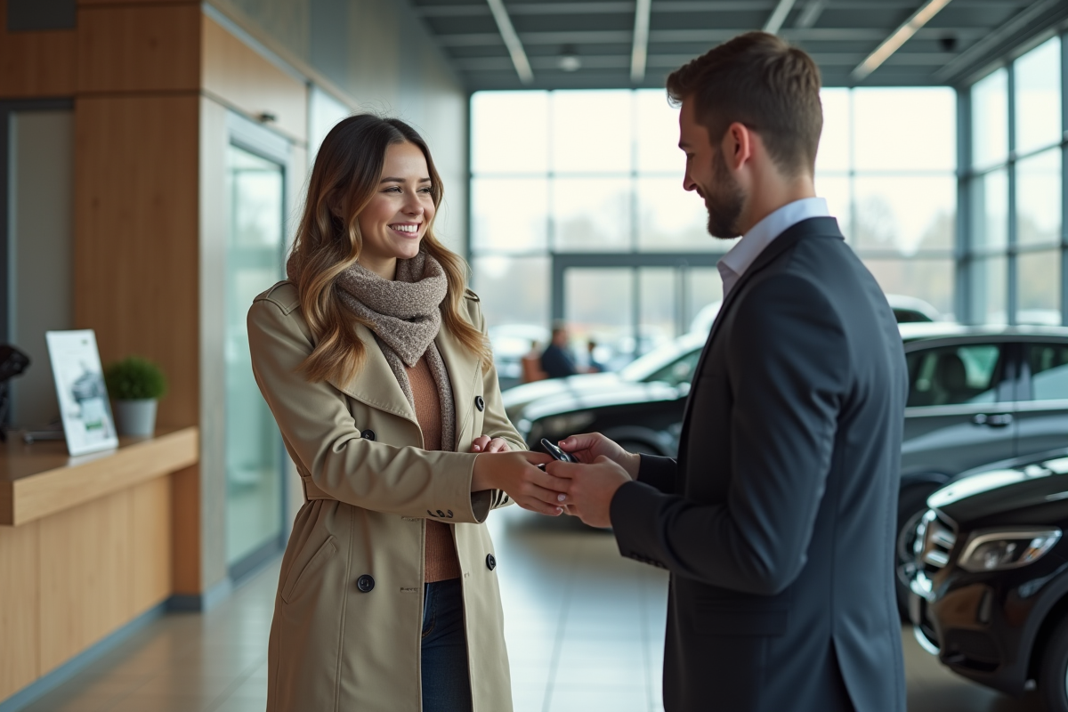 Jeune femme remettant les clés à un vendeur dans le showroom