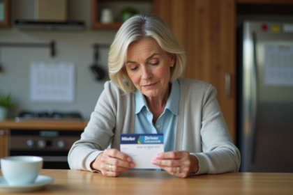 Femme d'âge moyen étudiant son permis de conduire à la cuisine