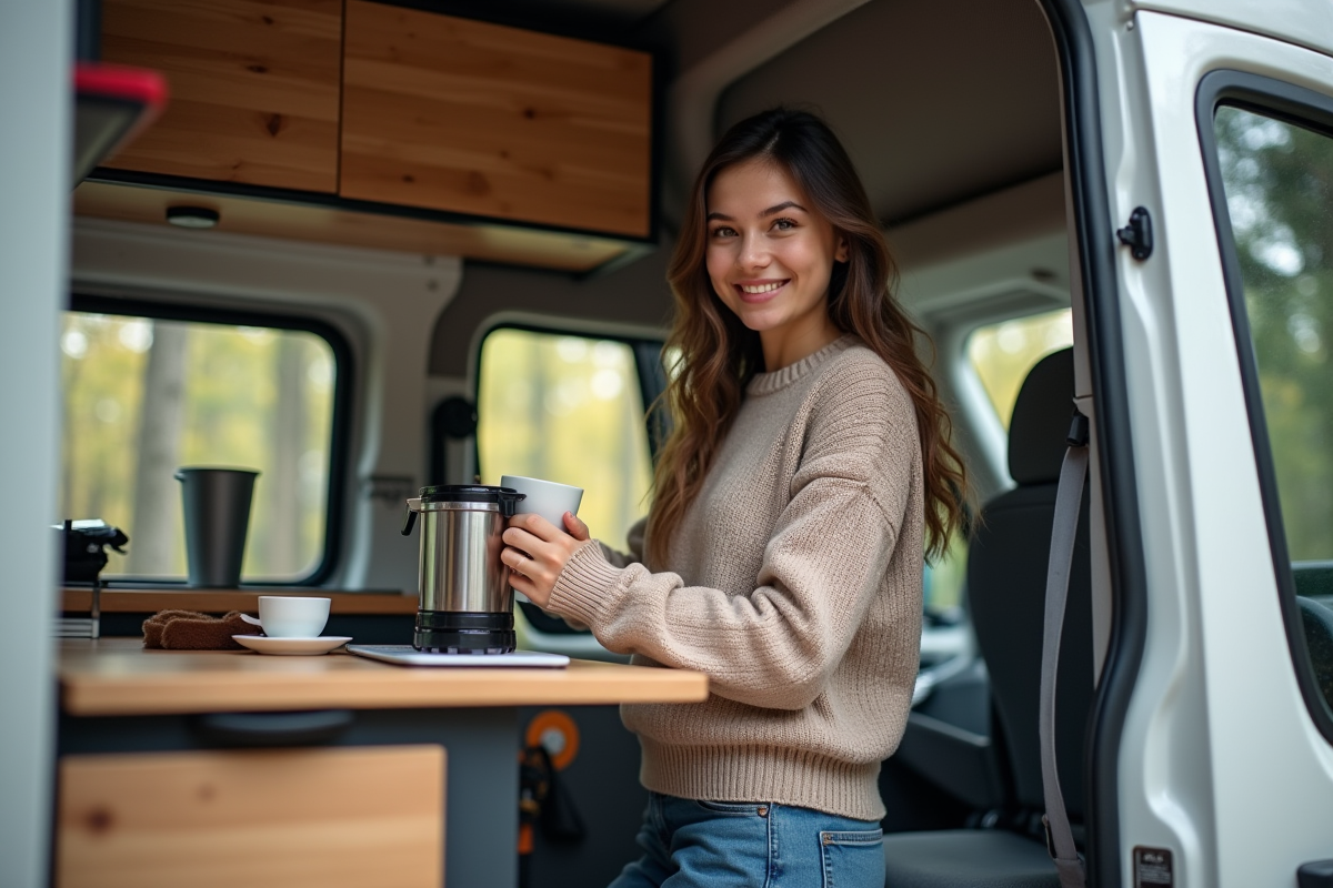 Jeune femme préparant du café dans un van en forêt
