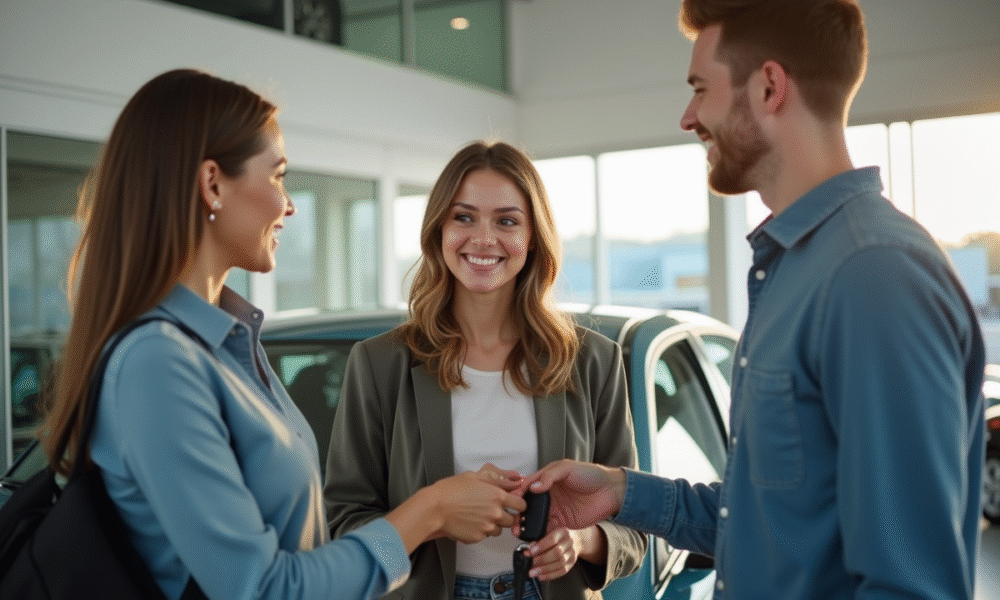 Jeune femme confiante remettant des clés de voiture à un homme souriant