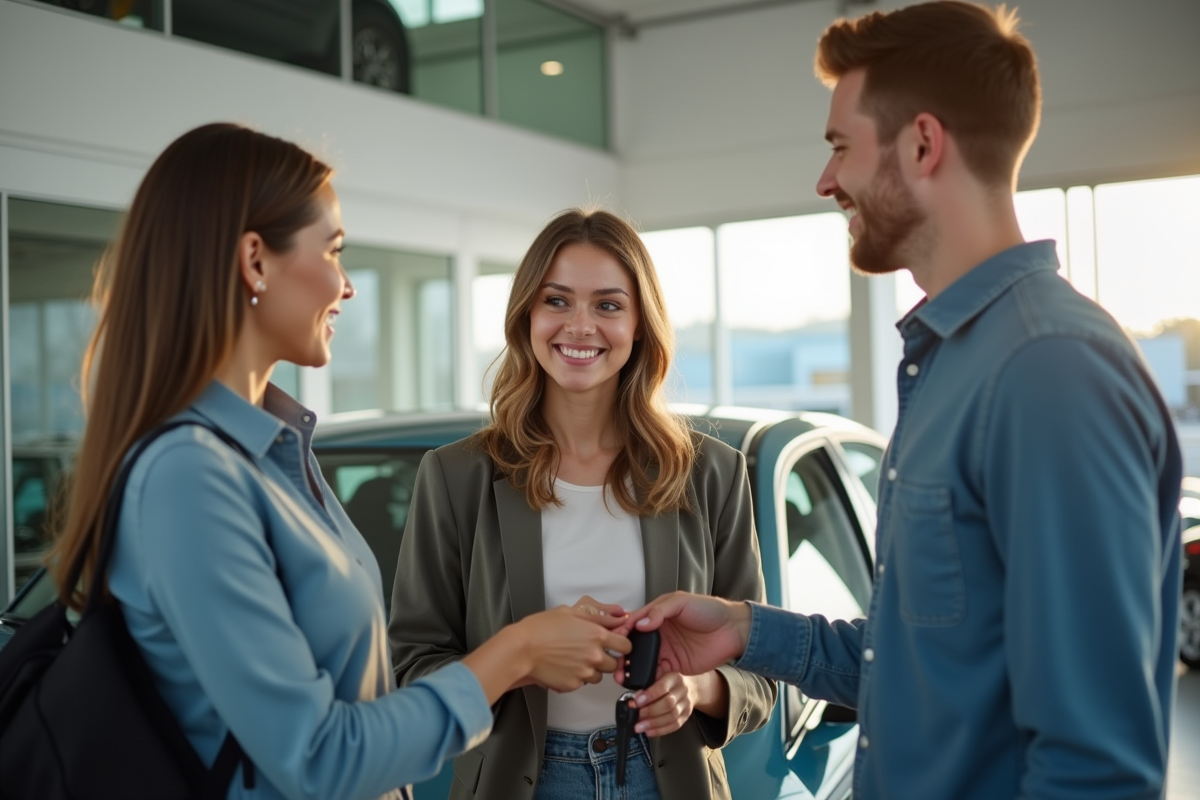 Jeune femme confiante remettant des clés de voiture à un homme souriant