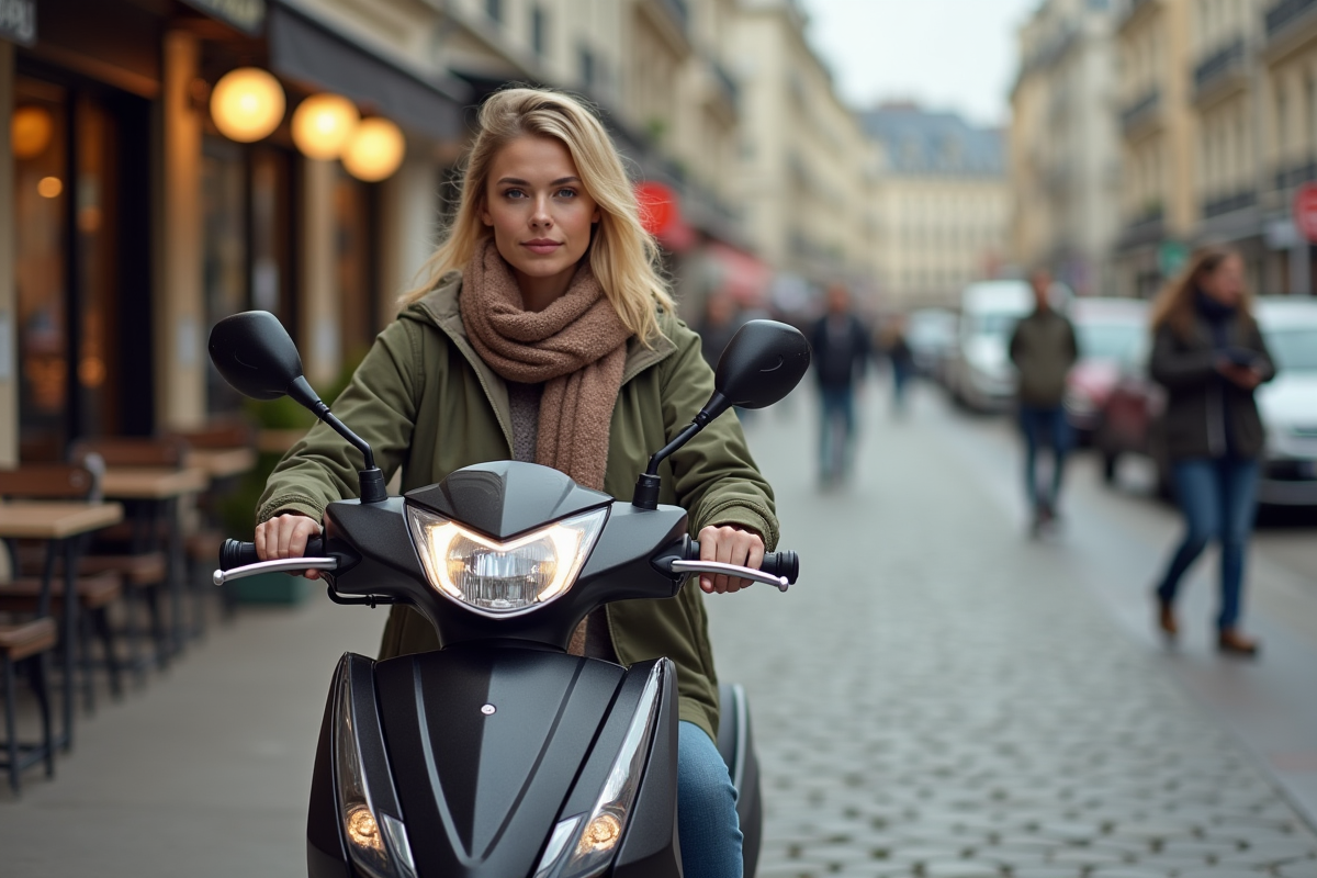 Jeune femme sur scooter Yamaha TMAX remplissant papiers