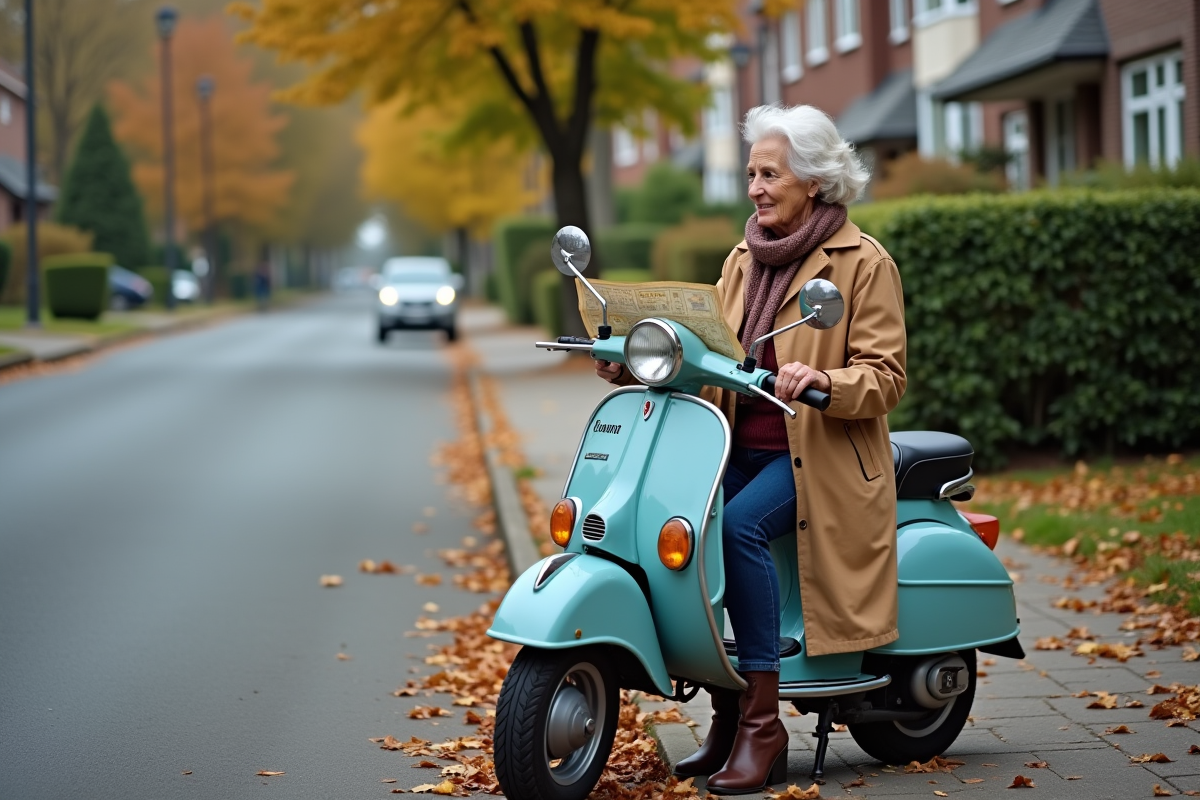 Femme âgée regardant une carte près de son scooter en ville