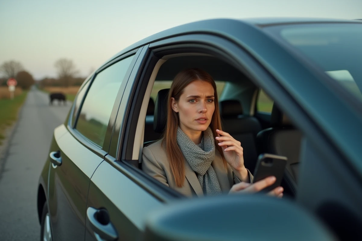 Femme dans sa voiture avec un sanglier au loin dans la campagne