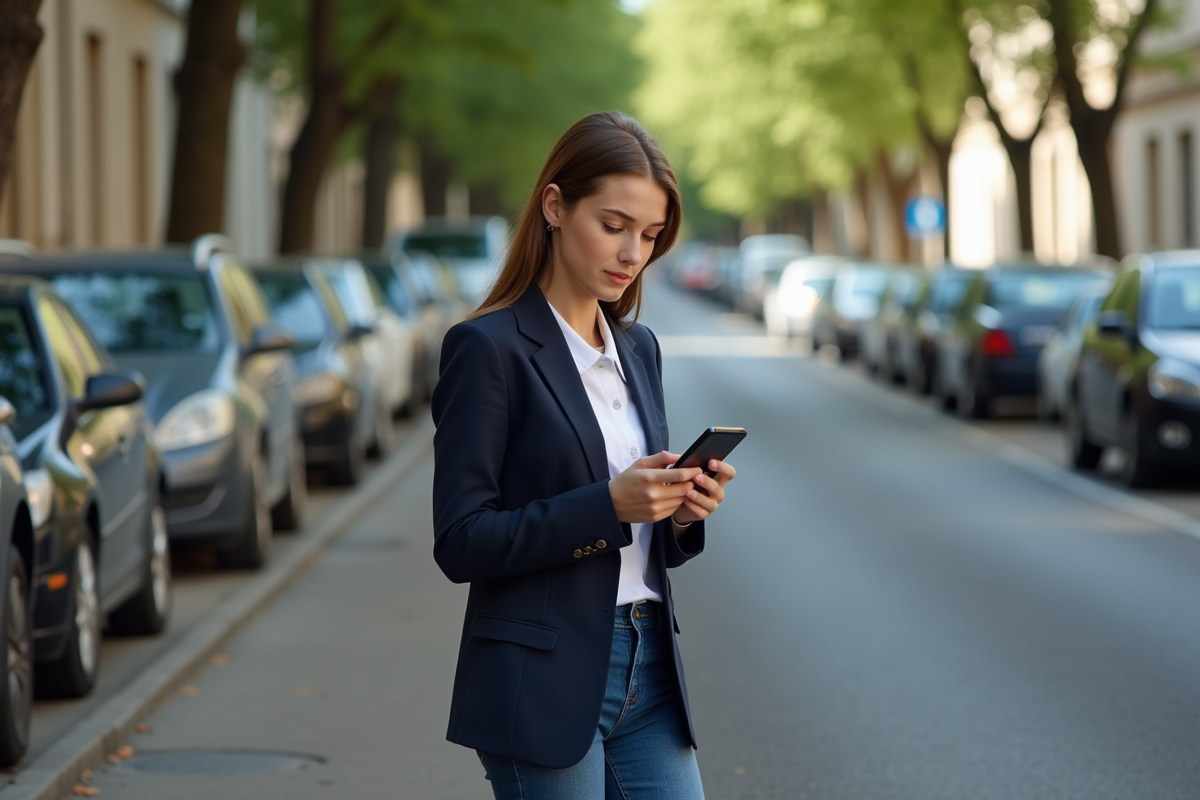 Jeune femme française regardant son smartphone près de sa voiture
