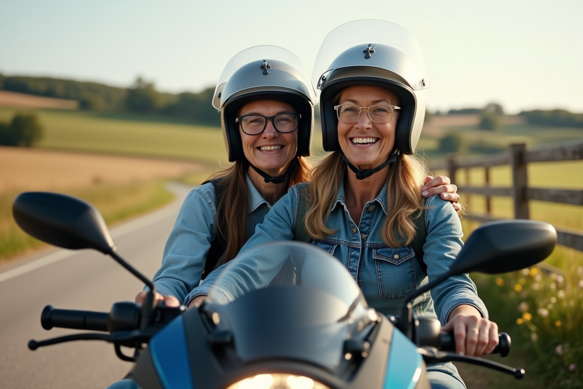 Femme âgée et fille en scooter dans la campagne