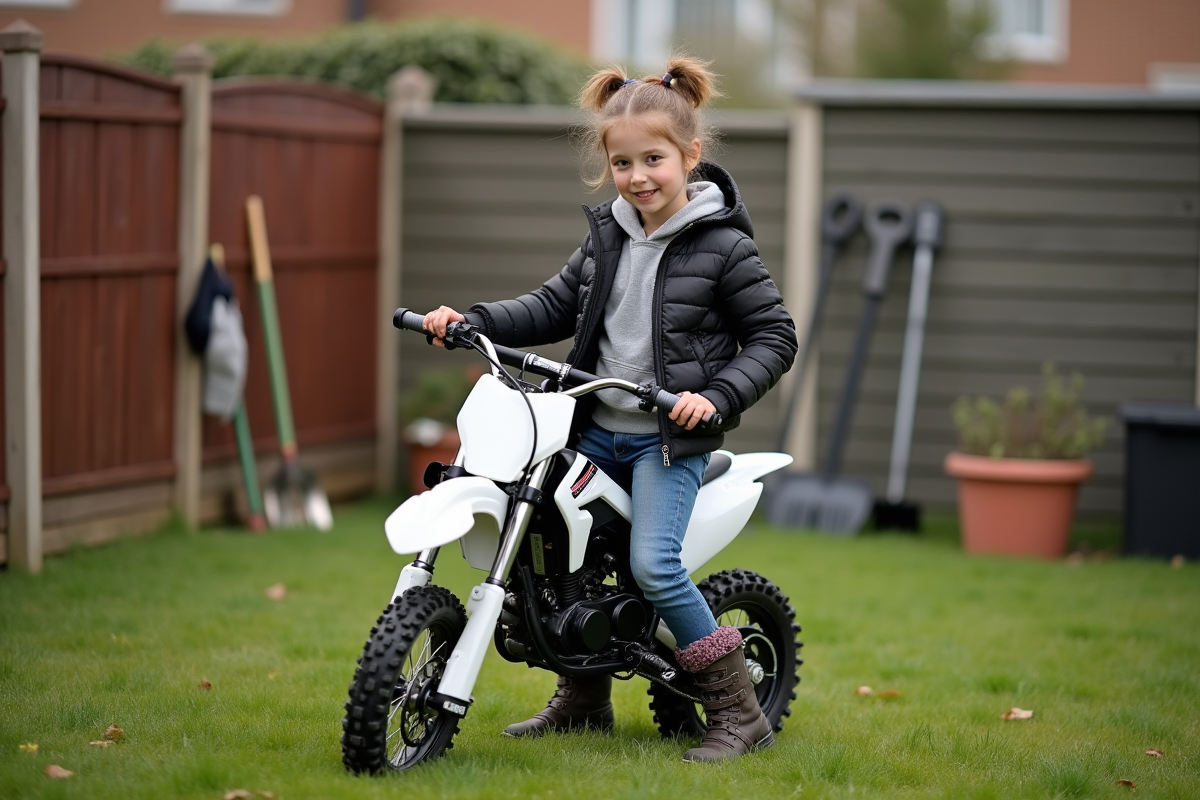Fille de 10 ans souriante à côté de sa moto dans un jardin