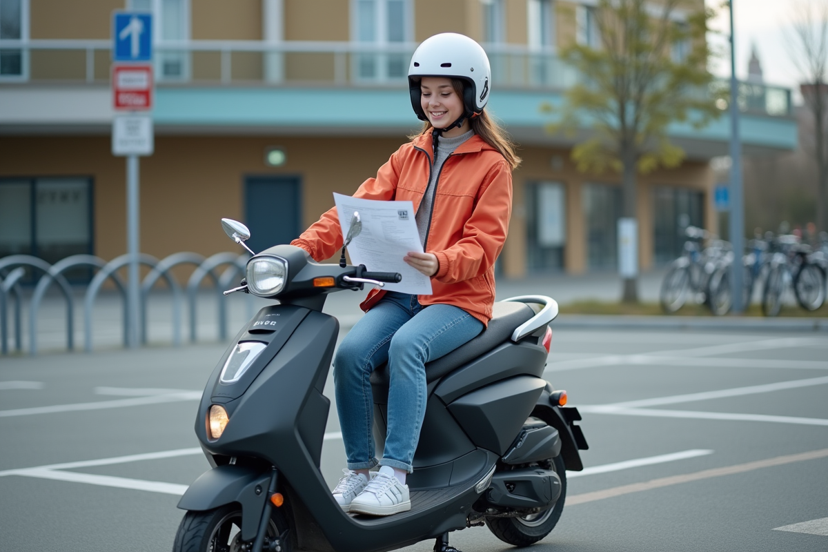 Fille en casque et veste sportive vérifiant attestation BSR sur scooter