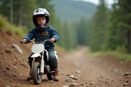 Garçon de 10 ans en tenue de motocross au bord d'un sentier forestier