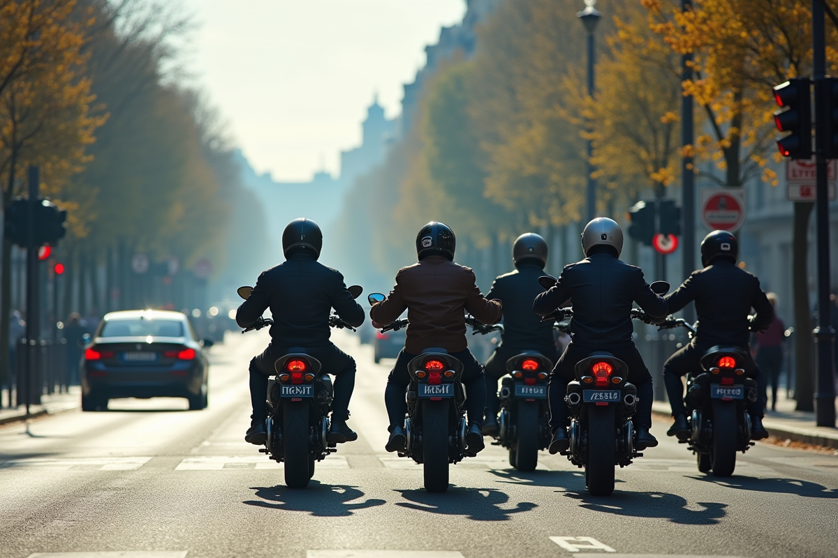 Groupe de motards à un feu rouge dans une intersection parisienne