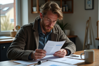 Homme français en automne examinant des papiers avec ses clés
