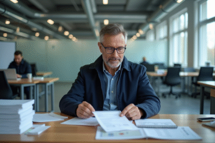 Homme d'âge moyen examinant documents de voiture dans un bureau