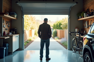 Homme d'âge moyen dans un garage organisé et moderne