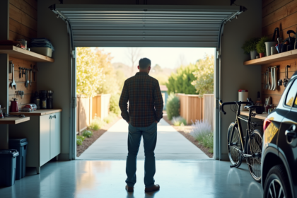 Homme d'âge moyen dans un garage organisé et moderne