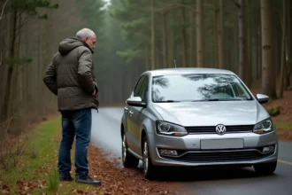 Homme inquiet examinant sa voiture endommagée en forêt