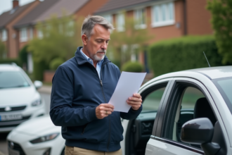 Homme d'âge moyen lisant un document d'assurance voiture dehors