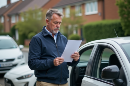 Homme d'âge moyen lisant un document d'assurance voiture dehors