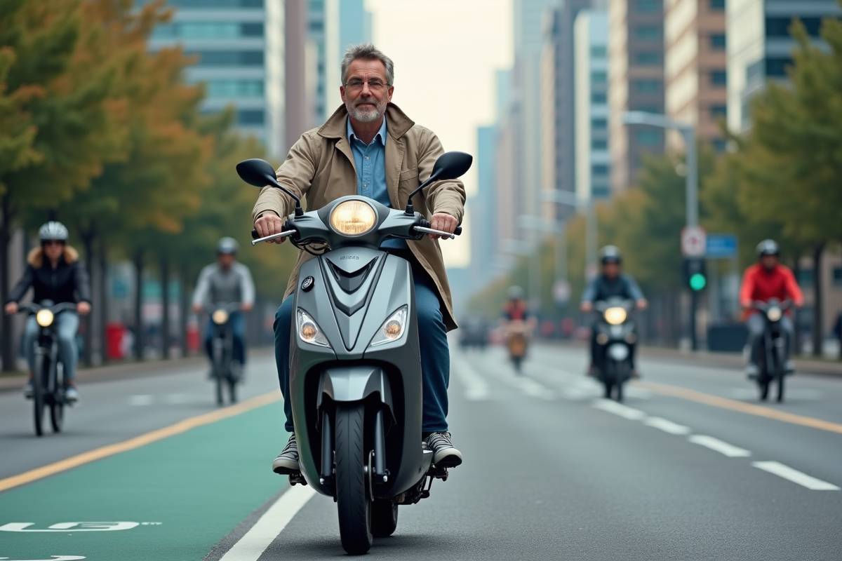 Homme en windbreaker manœuvrant un moped en ville