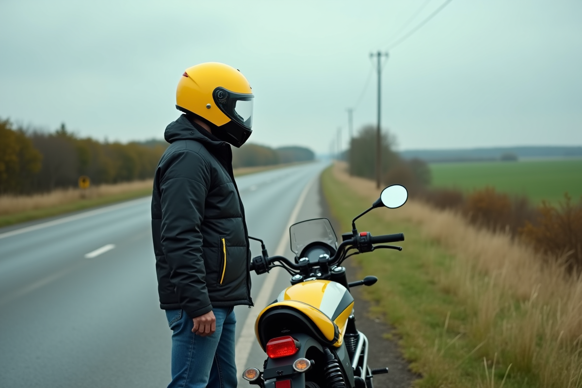 Homme avec casque jaune à côté de sa moto sur route de campagne