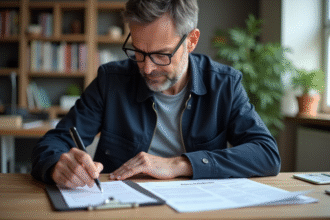Homme d'âge moyen organisant des documents officiels à son bureau