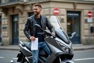 Homme confiant avec scooter Yamaha TMAX et permis français
