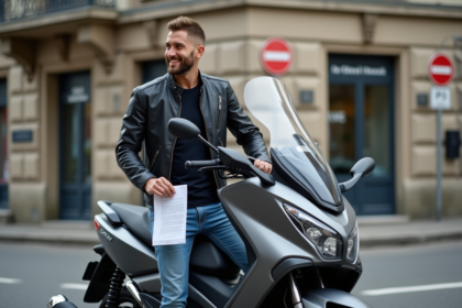 Homme confiant avec scooter Yamaha TMAX et permis français