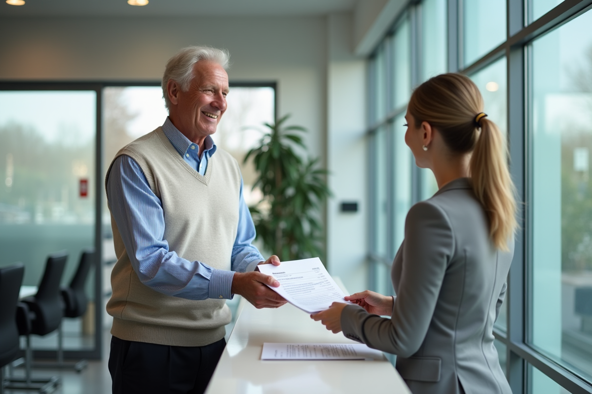 Homme âgé remettant un formulaire à une agente d
