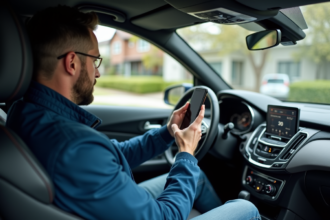 Homme dans sa voiture utilisant son smartphone en conduite