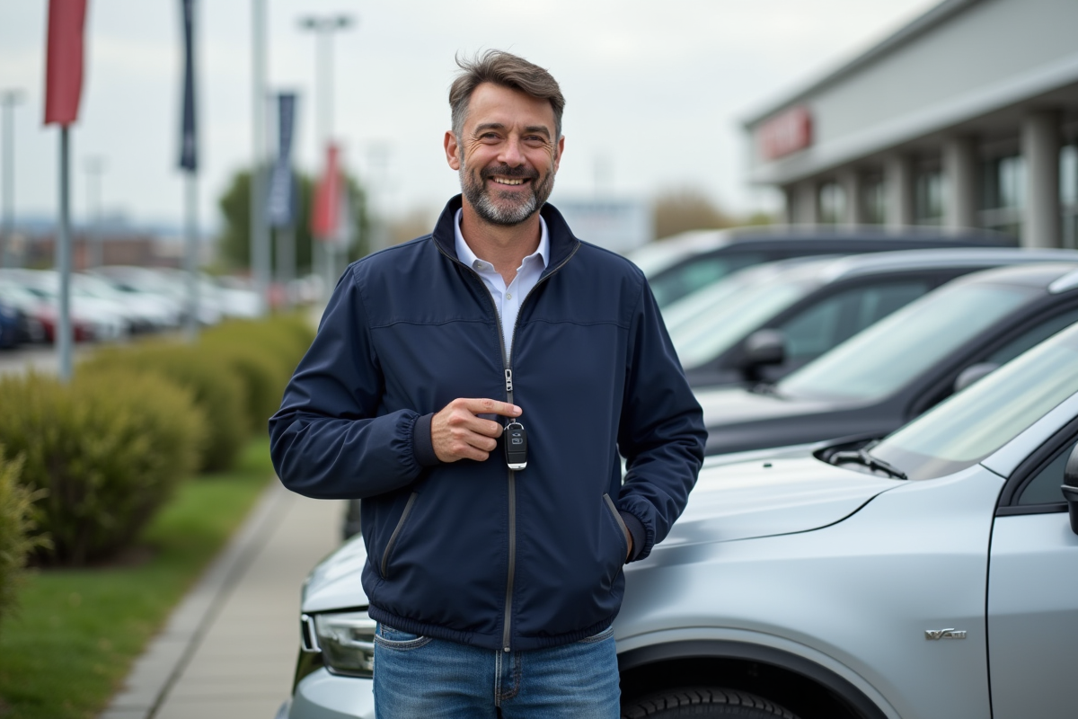 Homme souriant avec clé de voiture devant un concessionnaire