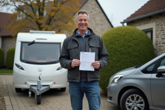 Homme français souriant avec son trailer et document officiel