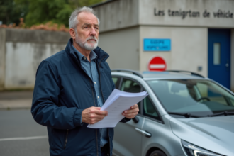 Homme français avec documents devant voiture en inspection