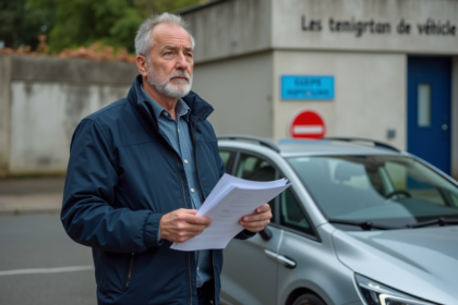 Homme français avec documents devant voiture en inspection