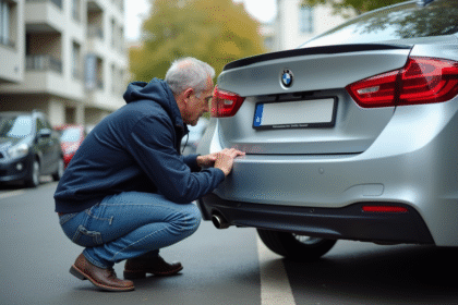 Homme inspectant la plaque d'immatriculation de sa voiture dans un parking urbain