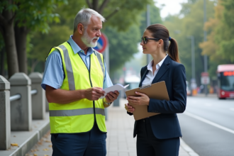 Homme en veste de sécurité discute de sécurité routière